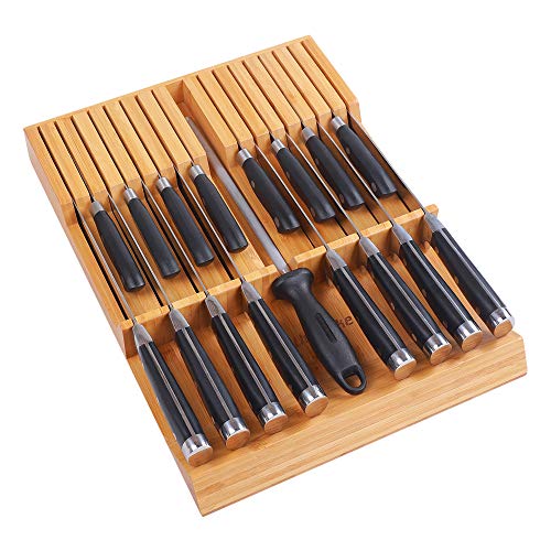 Utoplike In-drawer Knife Block Bamboo Kitchen Knives Drawer Organizer Large | Holder Storage for Steak, Paring, Bread Knives, Holds Up to 16 Knife & 1 Sharpening Steel (Knives & Sharpening Not Included)