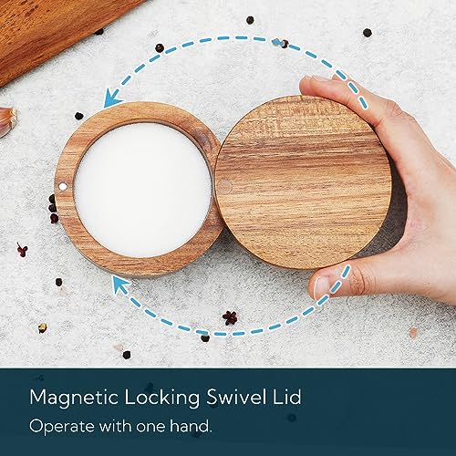 KITCHENDAO Acacia Wood Salt Cellar Bowl Box, Elegant Kitchen Holder Container with Swivel Magnetic Lid to Store Favorite Seasonings Pepper Spice or Bath, 6oz