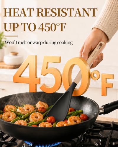 Astercook Cooking Spoon, 2 Pack, Nonstick Safe Silicone Spoonula Spatula | Long Wooden Handles, Heat Resistant, BPA-Free, Built-in Spoon Rest, Spatula Spoon For Stirring, Scooping, Scraping & Serving