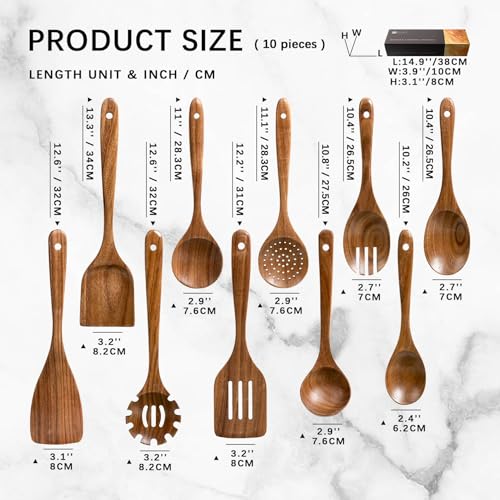 Hefild Wooden Spoons for Cooking, 10-Piece Acacia Wood Cooking Utensil Set | Spoons and spatulas stir, mix, flip and serve; balanced handles offer control while staying gentle on nonstick cookware.