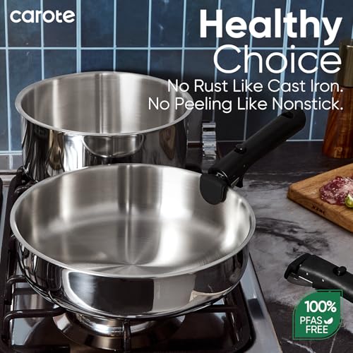 CAROTE 18pcs Tri-Ply Stainless Steel Cookware Set with Detachable Handle