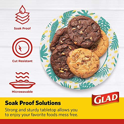 Glad Round Disposable Paper Plates, Palm Leaves Pattern, 10 Inch, 50 Count | Coated paper, soak-proof and cut-resistant, microwave safe, everyday meals parties and picnics