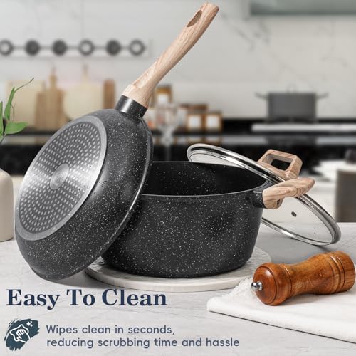 SODAY Pots and Pans Set Non Stick, 12Pcs Black Granite Induction Cookware