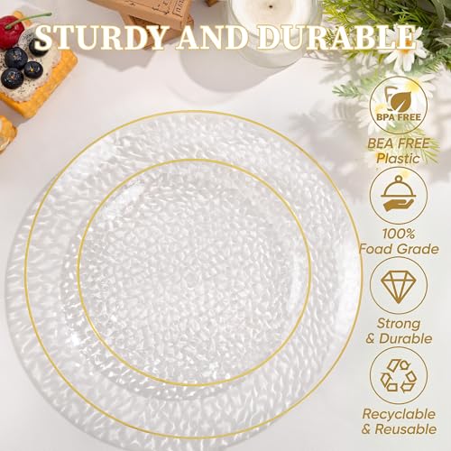 I00000 150 Clear Plastic Plates Set, Disposable Hammered Plates for party | Clear Plates with Gold Rim, Plastic Party Plates,Include 30 Dinner Plates, 30 Dessert Plates and 90 Silverware for Party