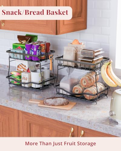 2-Tier Fruit Basket for Kitchen Counter with 2 Removable Banana Holders | Metal Wire Fruit Bowl with Protective Pads & Rubber Feet | Kitchen Organization for Vegetables, Snacks & Bread | 12.7"Lx8.7"W