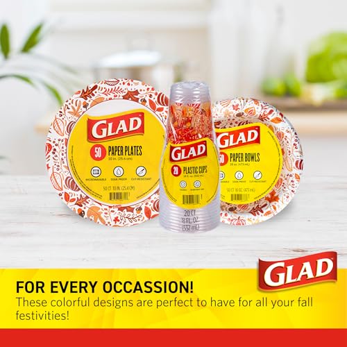 Glad Disposable Paper Plates, Happy Fall Design, 10 Inch, 50 Count | Soak-proof, cut-resistant, microwavable for all foods, for fall parties and everyday meals, colorful