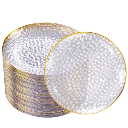DaYammi 100PCS Gold Plastic Plates, 7 inch Hammered Dessert Plates | Hammered Party Plates, Fancy Plastic Plates Disposable Appetizer Plates, Heavy Duty Plastic Dessert Plates for Party Wedding