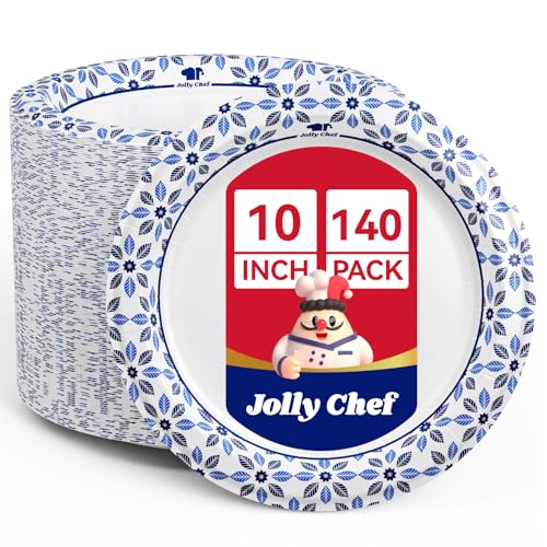 JOLLY CHEF 10 inch 140 Pack Disposable Paper Plates | Soak Proof, Cut Proof, Microwave Safe Heavy Duty for Party, Picnic or Everyday Use