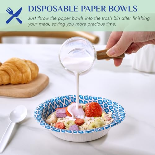 MUCHII 10 oz Paper Bowls, 300 Count Printed Disposable Small Bowls Bulk | Blue Printed,Mini Bowls,Soup Bowls,Soak Proof,Hot Soup Oatmeal Cereal,Ice Cream Dessert,Snacks Side Dish,Party School Lunch