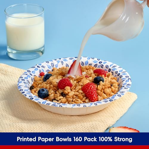 JOLLY CHEF 160 Count Paper Bowls 20 oz | Soak Proof, Heavy Duty Printed Disposable Bowls Bulk for Dinner or Lunch