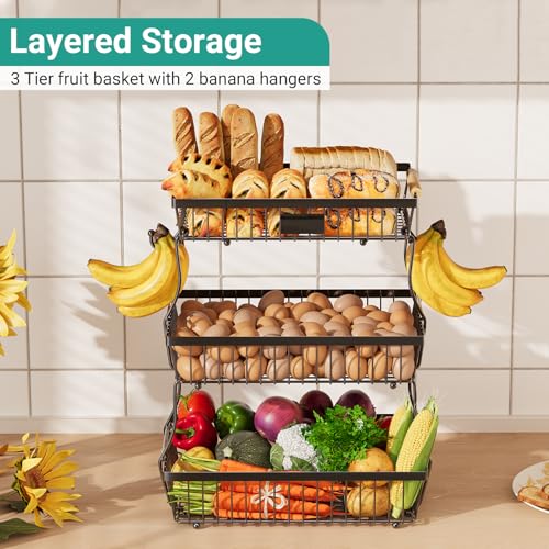 Astrorhine 3 Tier Fruit Basket for Kitchen Counter with 2 Banana Hangers, Countertop Metal Fruit Bowl with Wooden Handle, Large Storage Stand for Vegetables, Snacks, Breads, Produce Storage – Black