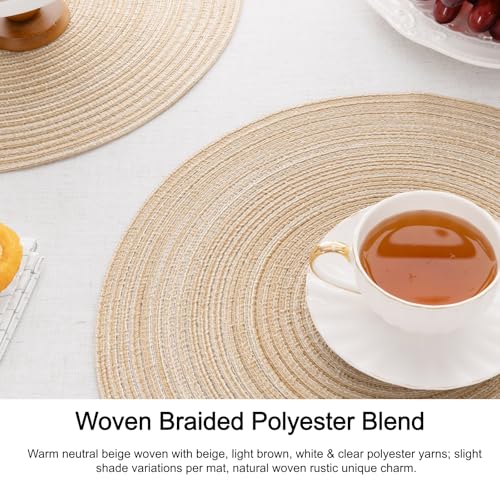 SHACOS Round Braided Placemats Set of 4 Washable Place Mats for Dining Tables 15 inch Non Slip Kitchen Table Mats (Beige, 4)