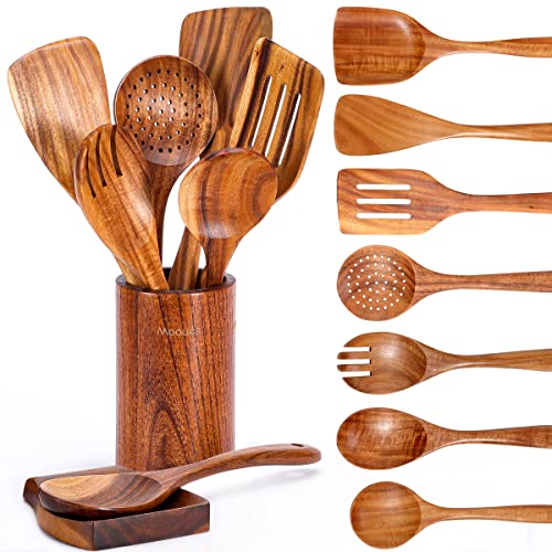 Mooues Wooden Kitchen Utensil Set, 9 Piece Natural Teak with Spoon Rest | Wooden Cooking Utensils with Comfort Grip, Smooth Durable Heat Resistant Cooking Spoons and Utensils Holder for Cooking