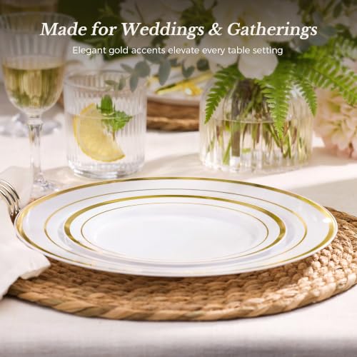 BESTVIP 200PCS Gold Plastic Plate, Disposable Party Plates | 100 Dinner Plates and 100 Dessert Plates, Plastic Plates for Party, Wedding and Birthday