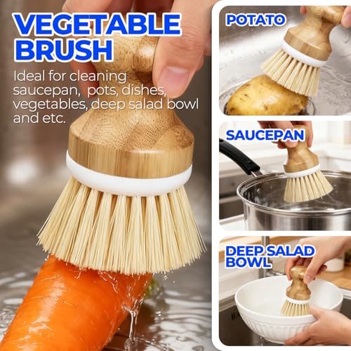 Holikme 6 Pack Dish Brush with Bottle Brush Scrub Brush Straw,Yellow | Dish Brush, Palm Scrub Brush and Straw Brush, Dish Scrubber Long Handle for Dish Bottle Cup Skillet Wok Pot Pan Cast Iron