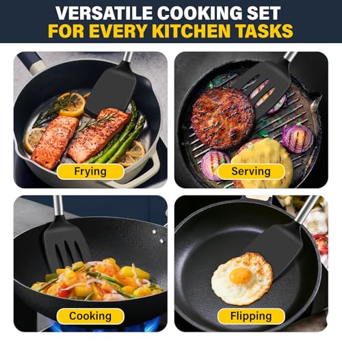 2 Pack Silicone Spatula Set, Solid & Slotted Turner for Non-Stick Pans | Dishwasher Safe, BPA-Free Silicone Cooking Utensils for Fish, Eggs, Pancakes, High Heat Resistant, Black