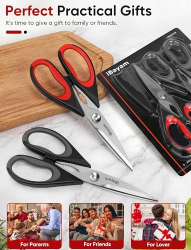 iBayam Kitchen Scissors Shears All Purpose Heavy Duty, Protective Sheath | 2-Pack, Ultra-Sharp Stainless Blades, Soft Comfort-Grip, Dishwasher Safe, Cooking Tool & Gadget Sets Poultry Kitchen Utensils