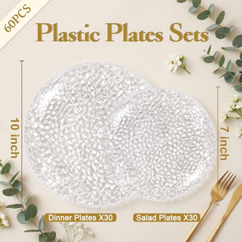 Rubtlamp 60Pcs Plastic Plates, Clear Disposable Plates, Hammered Heavy Duty Plastic Platos, Fancy Disposable Platos Include 30 Clear Dinner Plate, 30 Salad Plate For Bridal Spring