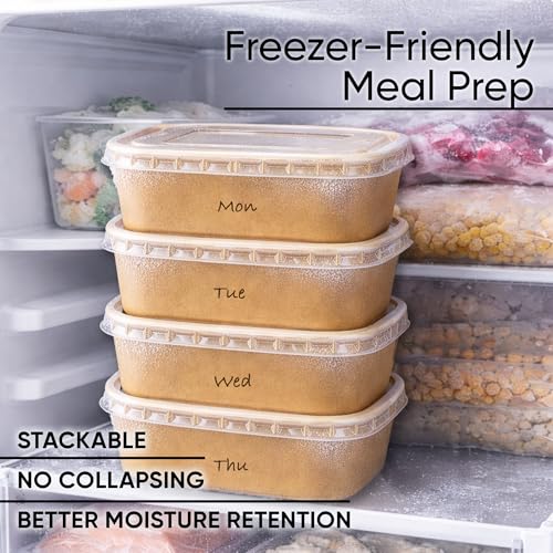 50 Pack 29oz Disposable Meal Prep Containers with Lids, Paper Food Bowls | Microwave & Freezer Safe, Leak-Resistant, Stackable, With Forks, For Soup, Salad, Pasta, Rice, Lunch, To Go, Take-Out, Office