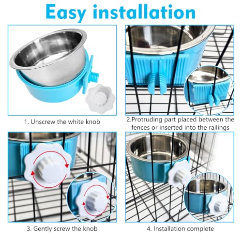kathson Crate Dog Bowl, Removable Stainless Steel Hanging Pet Kennel Cage Bowl Food & Water Feeder Coop Cup for Puppy, Cat, Rabbit, Guinea Pigs Ferret Bird (2 PCS, Size: M, Blue and Green)