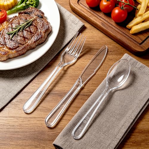 Lamosi 360 Count Extra Heavy Duty Clear Plastic Forks, Spoons, Knives | 150 Forks, 150 Spoons, 60 Knives Disposable Plastic Silverware Set, BPA-Free, Heat Resistant for Weddings, Parties & Events