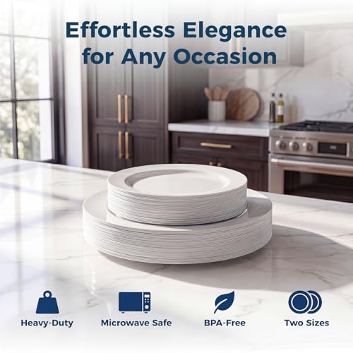 Ricvan Disposable White Plastic Plates 60 Pack, Microwave, Dishwasher Safe | Set for 30 Guests: 30 Dinner Plates and 30 Dessert Plates, Parties, Weddings, BBQs and Family Meals