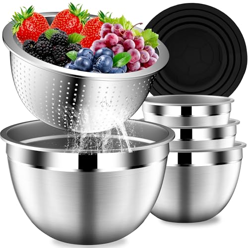 Mixing Bowls with Lids Set, Stainless Steel Mixing Bowl with Colander | Home and Kitchen Essential incl. Strainer 3 Qt with Mixing Bowl 1.5/2/2.5/3/4.5Qt for Fruit, Salad, Serving, Cooking - Black
