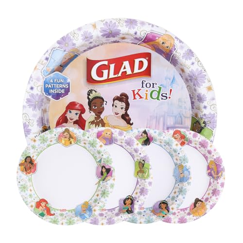 Glad for Kids Disney Princess Disposable Paper Plates, 8.5 in, 40 Count | Soak-proof, heavy duty design for everyday meals, school lunches, and birthday parties