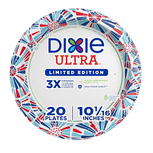 Dixie Ultra Limited Edition Paper Plates, 10" Dinner-Size Plates, 20 Count | Printed design on each disposable plate, leak resistant, grease resistant, heavy duty dinner plates for large meals