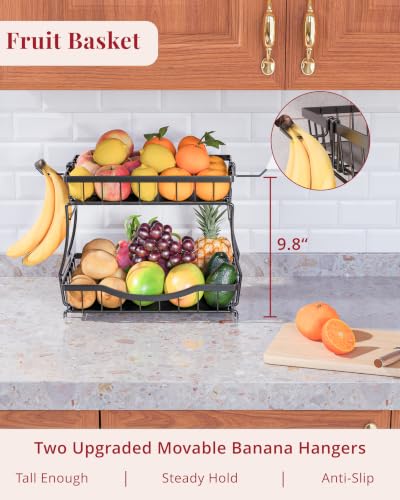 2-Tier Fruit Basket for Kitchen Counter with 2 Removable Banana Holders | Metal Wire Fruit Bowl with Protective Pads & Rubber Feet | Kitchen Organization for Vegetables, Snacks & Bread | 12.7"Lx8.7"W