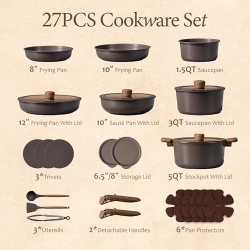 CAROTE 27pcs Pots and Pans Set Non Stick, Detachable Handle Cookware