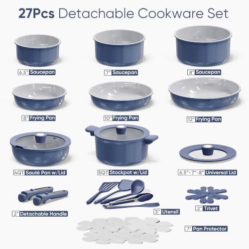 CAROTE 27pcs Ceramic Cookware Set, Pots and Pans Set with Detachable Handle