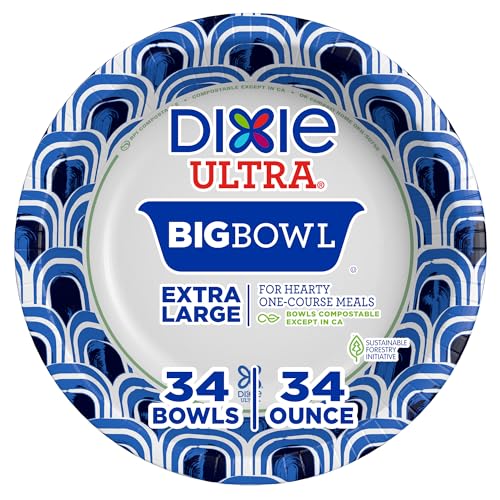 Dixie Ultra Large Paper Bowls, 34 oz Disposable Bowls, 34 Count | Heavy duty paper bowls for easy cleanup, Disposable bowls for hot soup, microwave safe, soak-proof shield, durable