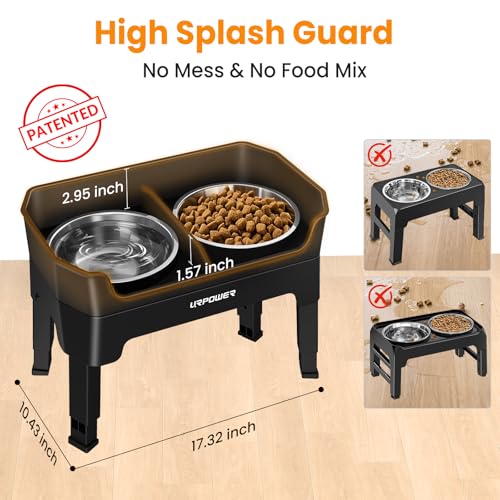 URPOWER Elevated Dog Bowls, 3-in-1 Double Deck Raised Dog Bowl Stand | 4 Adjustable Heights, 2 Stainless Steel Food Bowls, Mess Proof Licking Plate, Foldable Stand for Small, Medium & Large Dogs