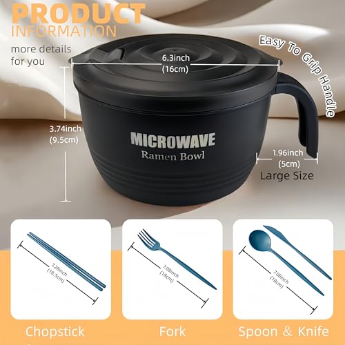 Layron Large Ramen Bowl, Ramen Noodle Bowls Microwavable 45 oz, Ramen Cooker, Microwave Pasta Cooker, Ramen Bowl Microwave Gift for College Male Female Dorm Room (black)