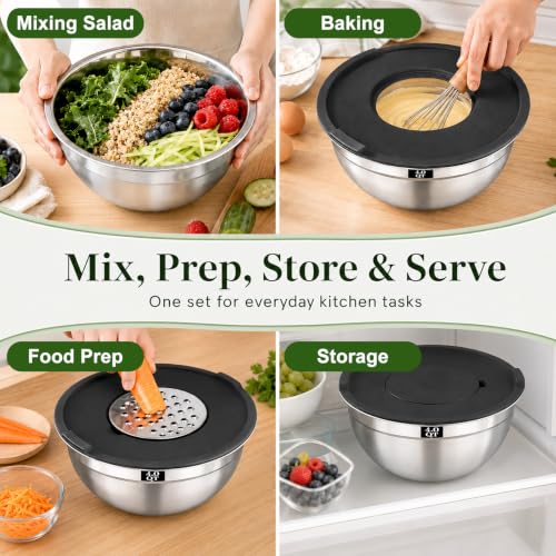 Boskermeal 8PCS Mixing Bowls with Lids Set - 5 Nesting Mixing Bowls, 3 Grater Attachments, Lids, Stainless Steel Mixing Bowls for Mixing & Serving, Size 1.5/2.1/3.5/4/4.5 QT, Black