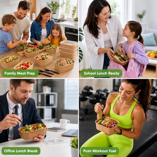 50 Disposable Meal Prep Containers 29oz Kraft Paper Bowls with Lids & Forks | Leak-Proof, BPA-Free, Freezer & Microwave Safe, Disposable Food Containers for Lunch, Deli Salad, Snack, Meal Prep & Takeout