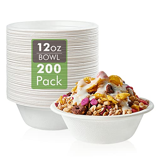 Vplus 200 Pack 12 OZ Compostable Paper Bowls, Bagasse Bowls，White | Disposable Compostable Bowls Bulk, Eco-friendly Bagasse Bowls, Heavy-duty Bowls, Perfect for Milk Cereals, Snacks, Salads
