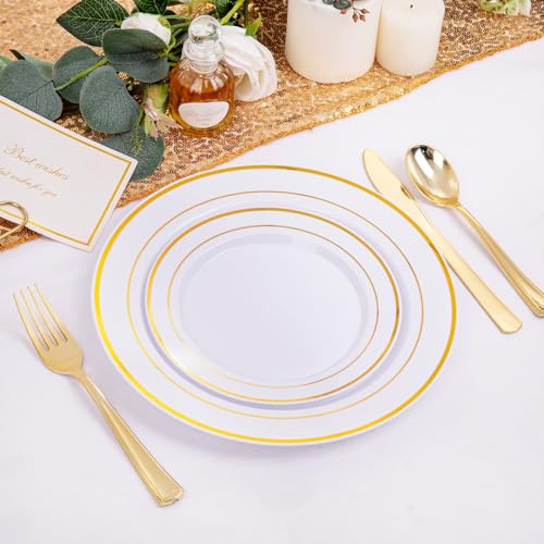 I00000 200 Pcs Gold Plastic Plates, Premium Disposable Gold Plates | Gold Rimmed Plastic Plates, BPA Free, Perfect for Wedding, Birthday, Holidays, Party, 100 Dinner & 100 Dessert Plates