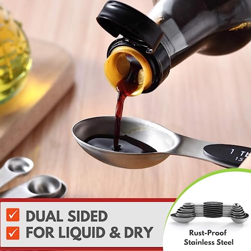 Spring Chef Stainless Steel Magnetic Measuring Spoons Set of 8, Black | Dual Sided Metal Teaspoon & Tablespoon Measuring Spoons with Leveler for Dry & Liquid Ingredients, Nesting, Dishwasher Safe