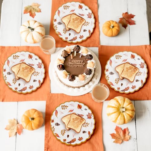 Cangmyxis 7 Inch Fall Thanksgiving Paper Plates Disposable 40 PCS Scalloped Heavy Duty Disposable Dessert Plates Maple Leaf Autumn Harvest Theme Thanksgiving Party Decorations