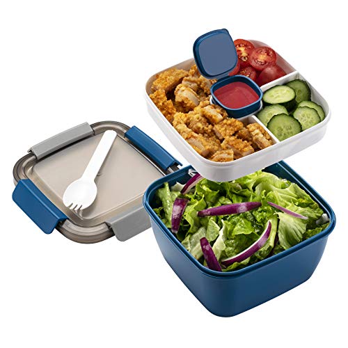 Salad Lunch Container To Go, BPA-Free 52-oz Salad Bowls to go for lunch | Salad containers for lunch with 3 Compartments, Salad Dressings Container for Salad Toppings, Snacks, Men, Women (Blue)