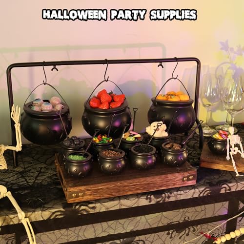 CESOF 12 Pcs Cauldron Halloween Party Decorations Witches Cauldron Bowls | Hanging Black Plastic Cauldron with Iron Rack Large Mini Candy Bucket Serving Punch Bowl for Table Hocus Pocus Indoor Decor