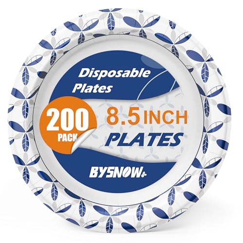 BYSNOW 200 Pack 8.5 inch Heavy Duty Paper Plates Disposable | Thickened Bulk Plates, Leak And Soak Proof For Dinner, Party, Birthday, Picnic, Banquets, Catering Events, Barbecues
