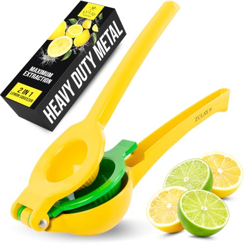Zulay Kitchen Metal 2-in-1 Lemon Lime Squeezer, Juicer Handheld - Yellow | Citrus Juicer, Lemon Press Manual, Stainless Steel, Max Extraction Hand Juicer Gets Every Last Drop, Easy to Clean & Use