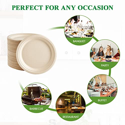 Vplus 150 Pack Compostable Bagasse Paper Plates 9 inch, Nature | Super Strong Paper Plates, 100% Bagasse, Natural Biodegradable, Perfect for Dinner, Gathering, and Picnic