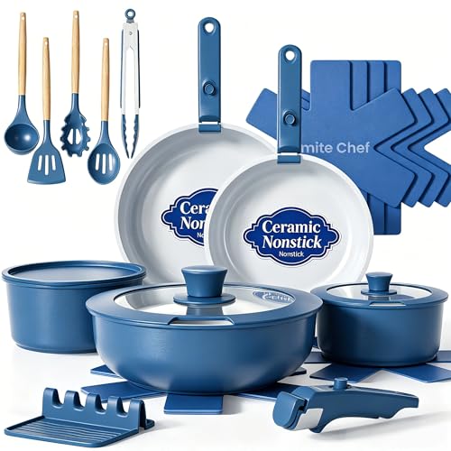 Umite Chef Pots and Pans Set Non Stick, 21 pcs Ceramic Cookware Set with Detachable Handles, Healthy Induction Cookware, RV Kitchen Cooking Set, with Utensils & Frying Pans Set, PFAS PFOA & PTFE Free
