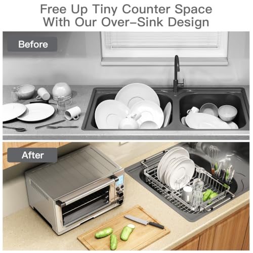 MAJALiS Expandable Dish Drying Rack Over The Sink with Anti Slip Grip | Stainless Steel Dish Drainer for Small Kitchen, Apartment, RV, Counter Space Saving, Perfect Fit, Anti-Slip, Rustproof