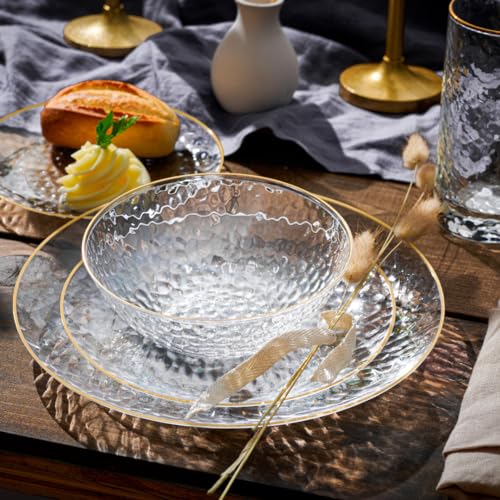 R-kay 100 Pack Clear Plastic Plates - 6.25 IN Hammered Gold Rimmed Sturdy, Durable And Extra Heavy duty Gold Plastic Dessert Plates Disposable - Ideal For Appetizer And And For Desserts.
