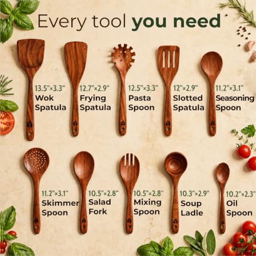 Wooden Spoons for Cooking – 10 Pcs Non Toxic Teak Kitchen Utensils Set | Includes spatula, turner, ladle, skimmer, pasta server & salad fork; heat resistant, nonstick safe, easy to clean